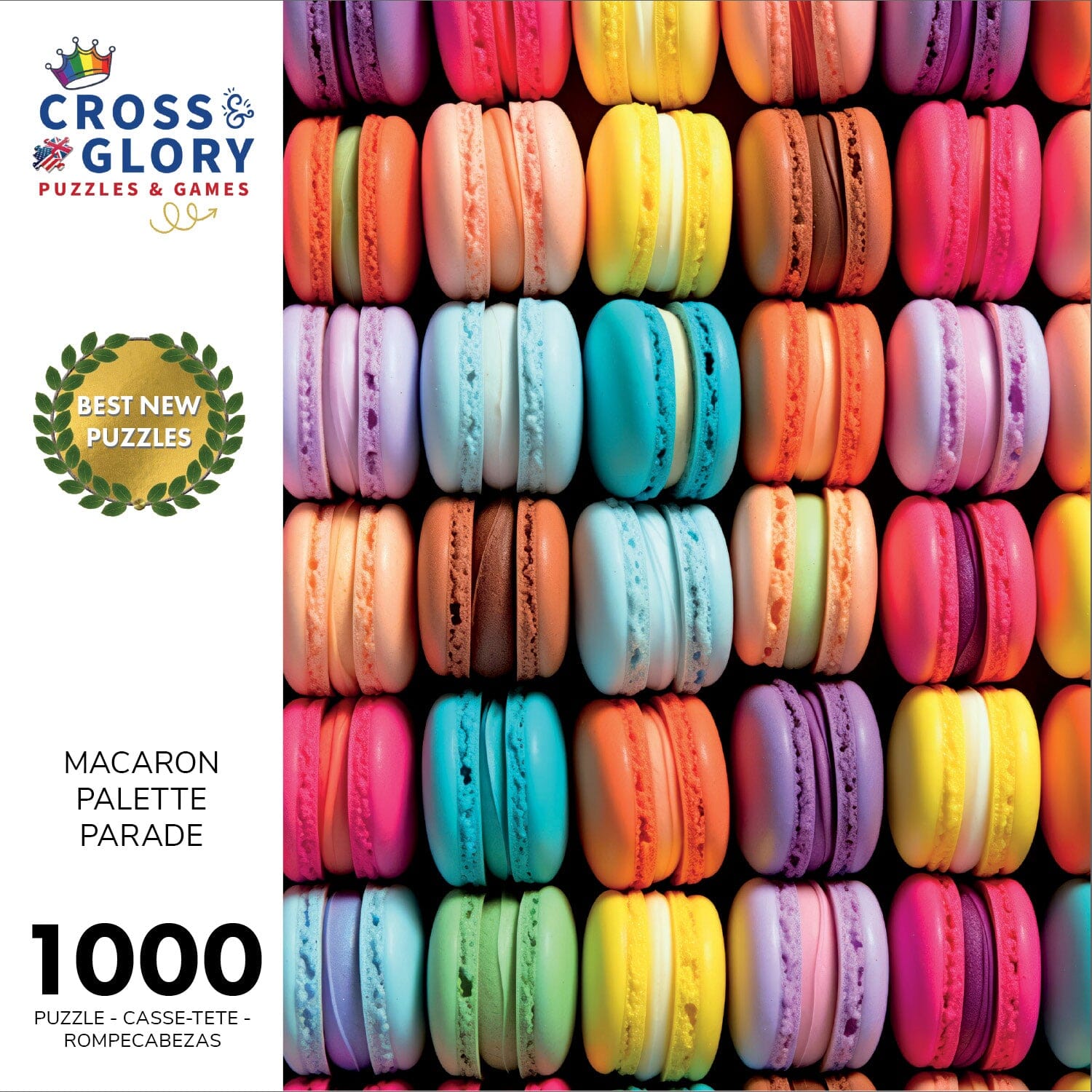 Art Puzzle – Macaron Palette Parade – 1000 Piece Jigsaw Puzzle featuring vibrant pastel macaron artwork with beautiful colors, satin finish, and premium eco-friendly quality, perfect for 1000 piece jigsaw puzzles for adults.