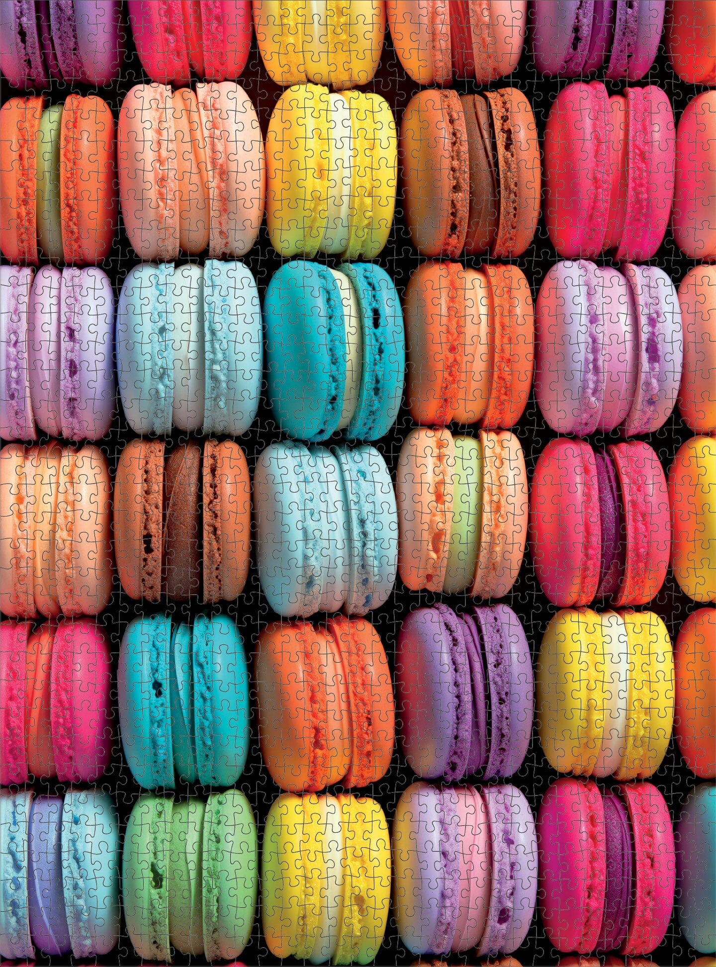 Art Puzzle – Macaron Palette Parade – 1000 Piece Jigsaw Puzzle featuring vibrant, colorful macarons in neat rows, beautifully illustrated with a satin finish, premium quality, dust free, and eco-friendly—1000 piece jigsaw puzzles for adults.