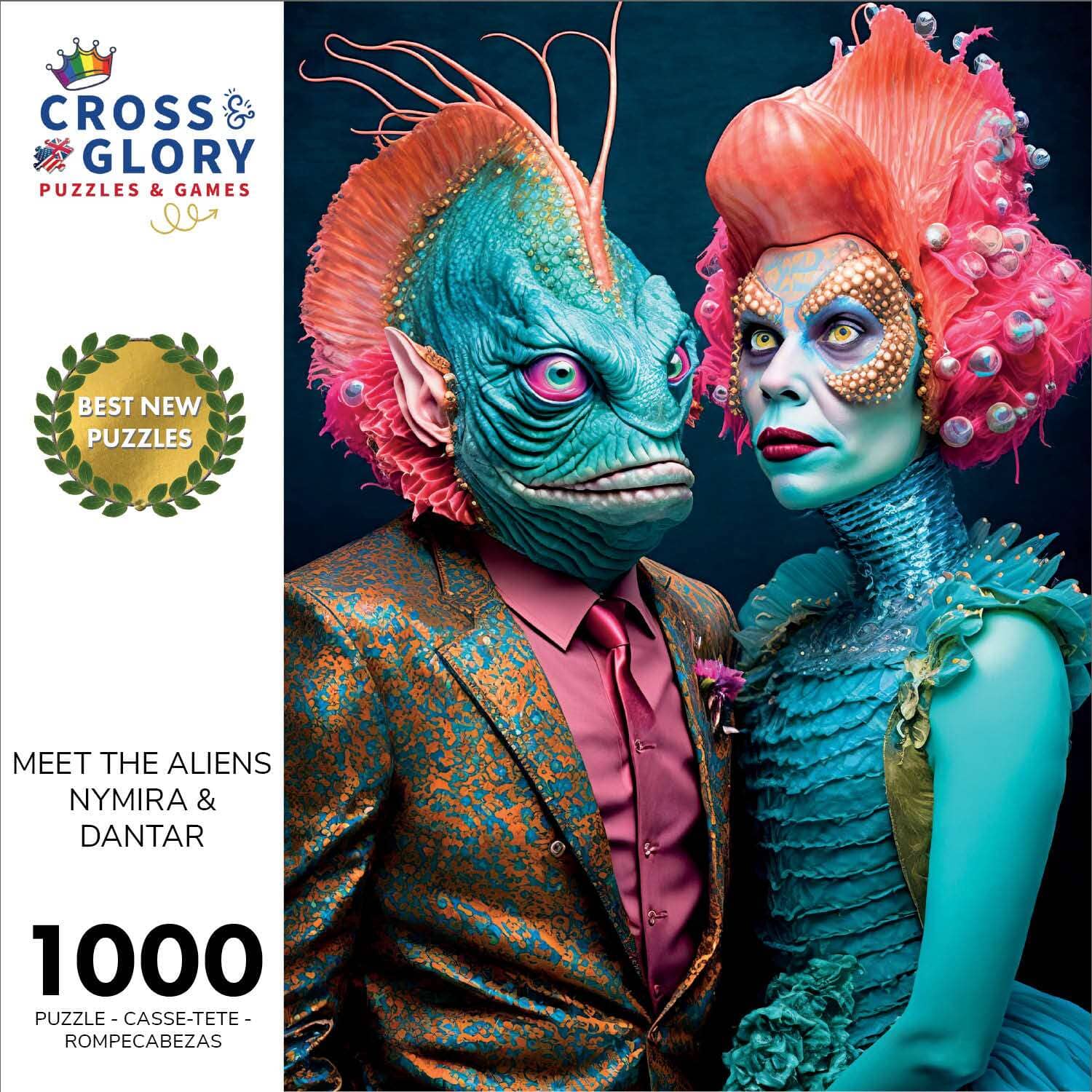 Alien Puzzle – Meet the Aliens: Nymira and Dantar – 1000 Piece Jigsaw Puzzle featuring beautiful artwork of two detailed alien characters with satin finish, premium quality, and eco-friendly materials, perfect as 1000 piece jigsaw puzzles for adults.