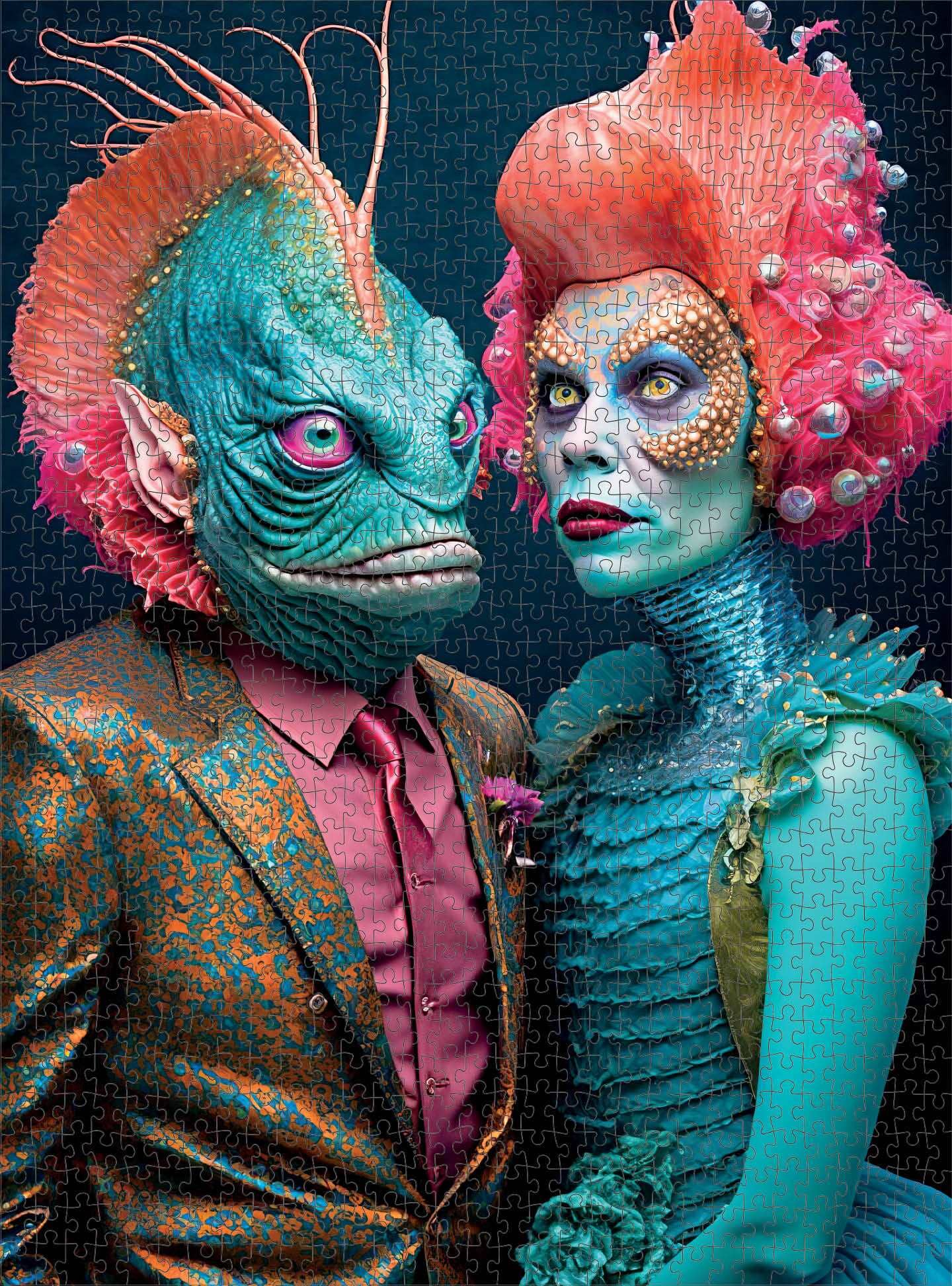 Alien Puzzle – Meet the Aliens: Nymira and Dantar – 1000 Piece Jigsaw Puzzle featuring beautiful artwork of two fantastical aliens in detailed costumes and makeup, satin finish, premium quality, dust free, eco-friendly, 1000 piece jigsaw puzzles for adults.