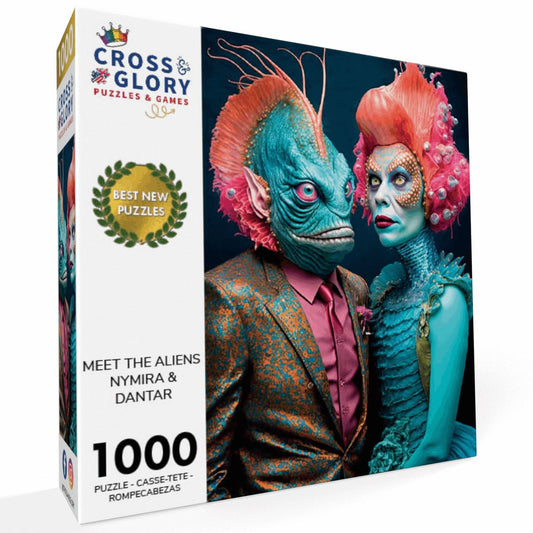 Alien Puzzle – Meet the Aliens: Nymira and Dantar – 1000 Piece Jigsaw Puzzle featuring beautiful artwork of two vibrant alien characters, with a satin finish, premium quality, and dust-free design, eco-friendly, perfect as 1000 piece jigsaw puzzles for adults.