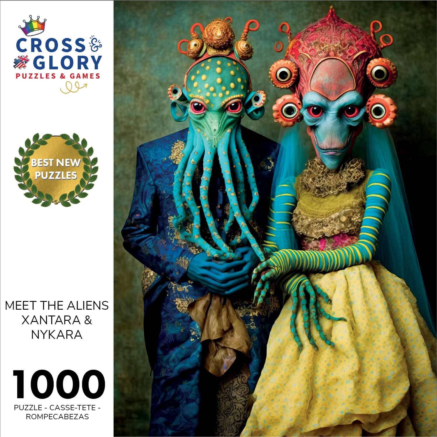 Alien Puzzle – Meet the Aliens: Xantara and Nykara – 1000 Piece Jigsaw Puzzle featuring beautiful artwork of two detailed aliens in elegant clothing, satin finish, dust free, eco-friendly, premium quality 1000 piece jigsaw puzzles for adults.