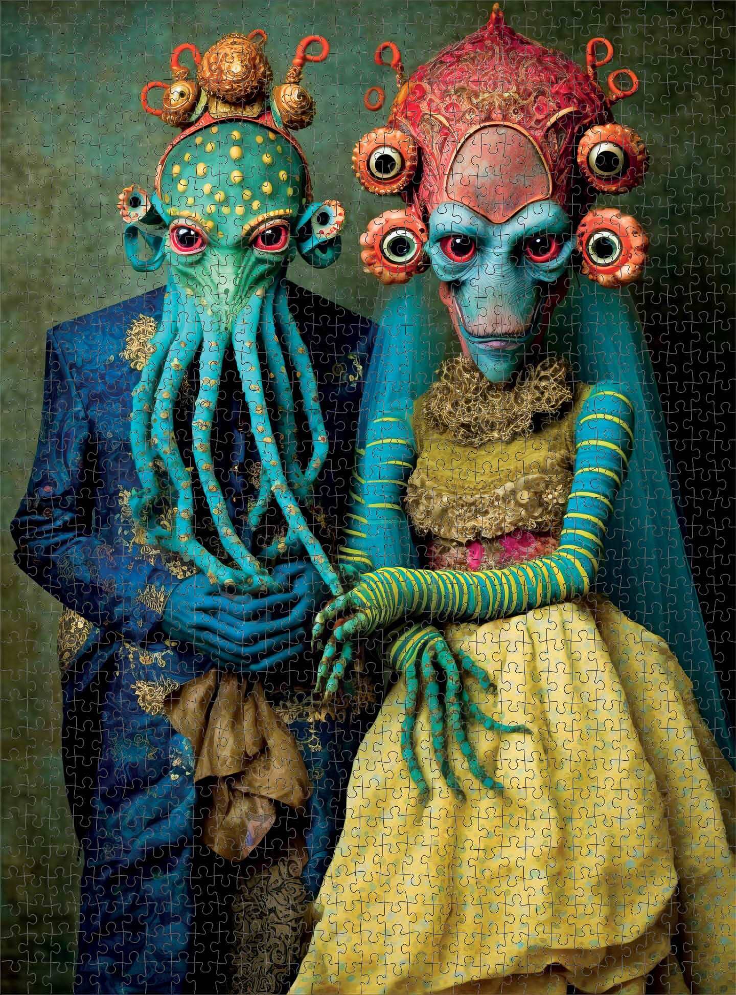 Completed Alien Puzzle – Meet the Aliens: Xantara and Nykara – 1000 Piece Jigsaw Puzzle featuring detailed, beautiful artwork of two intricate alien figures in vibrant colors with satin finish and premium quality, dust-free eco-friendly materials, ideal 1000 piece jigsaw puzzles for adults.