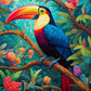 Art Puzzle – Mystical Mosaic: Toucan's Paradise – 1000 Piece Jigsaw Puzzle featuring a vibrant toucan perched on a branch amidst lush colorful foliage, with beautiful artwork, satin finish, no glare, premium quality, dust free, eco-friendly, 1000 piece jigsaw puzzles for adults.