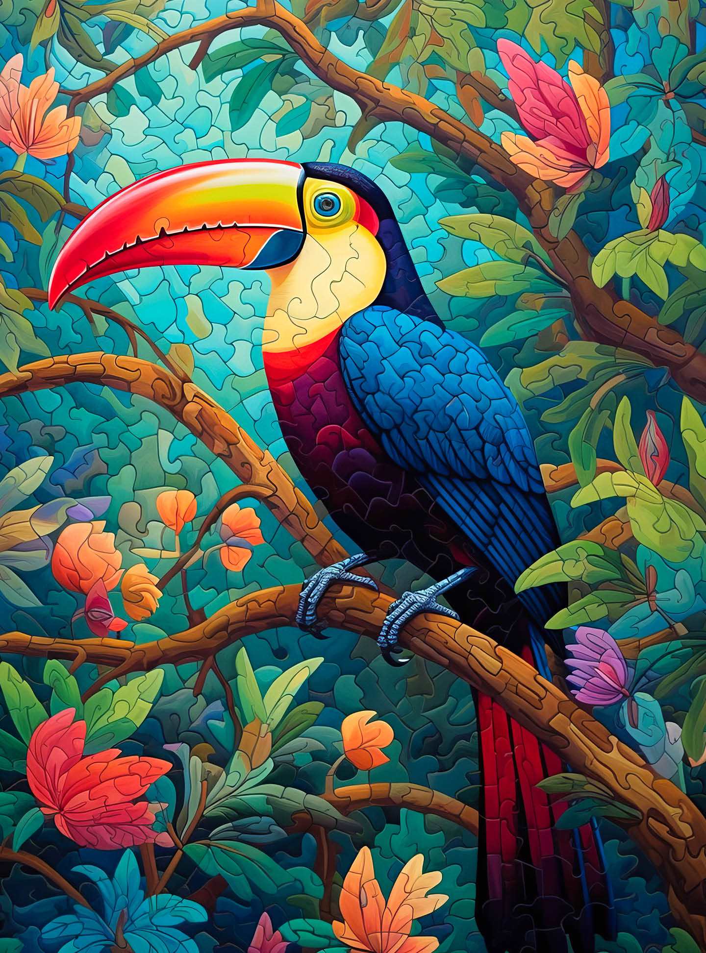 Art Puzzle – Mystical Mosaic: Toucan's Paradise – 1000 Piece Jigsaw Puzzle featuring a vibrant toucan perched on a branch amidst lush colorful foliage, with beautiful artwork, satin finish, no glare, premium quality, dust free, eco-friendly, 1000 piece jigsaw puzzles for adults.