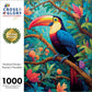 Art Puzzle – Mystical Mosaic: Toucan's Paradise – 1000 Piece Jigsaw Puzzle featuring beautiful artwork of a colorful toucan perched on a branch in a lush, vibrant forest. Satin finish, premium quality, dust free, eco-friendly, 1000 piece jigsaw puzzles for adults.