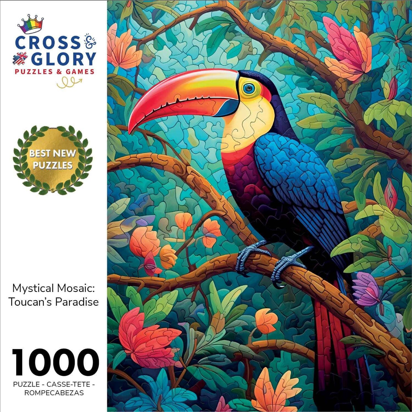 Art Puzzle – Mystical Mosaic: Toucan's Paradise – 1000 Piece Jigsaw Puzzle featuring beautiful artwork of a colorful toucan perched on a branch in a lush, vibrant forest. Satin finish, premium quality, dust free, eco-friendly, 1000 piece jigsaw puzzles for adults.