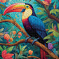 Art Puzzle – Mystical Mosaic: Toucan's Paradise – 1000 Piece Jigsaw Puzzle featuring beautiful artwork of a colorful toucan perched on a branch with vibrant tropical foliage, satin finish, premium quality, dust free, eco-friendly, 1000 piece jigsaw puzzles for adults.