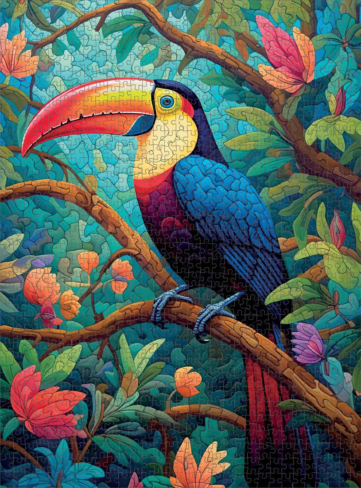 Art Puzzle – Mystical Mosaic: Toucan's Paradise – 1000 Piece Jigsaw Puzzle featuring beautiful artwork of a colorful toucan perched on a branch with vibrant tropical foliage, satin finish, premium quality, dust free, eco-friendly, 1000 piece jigsaw puzzles for adults.