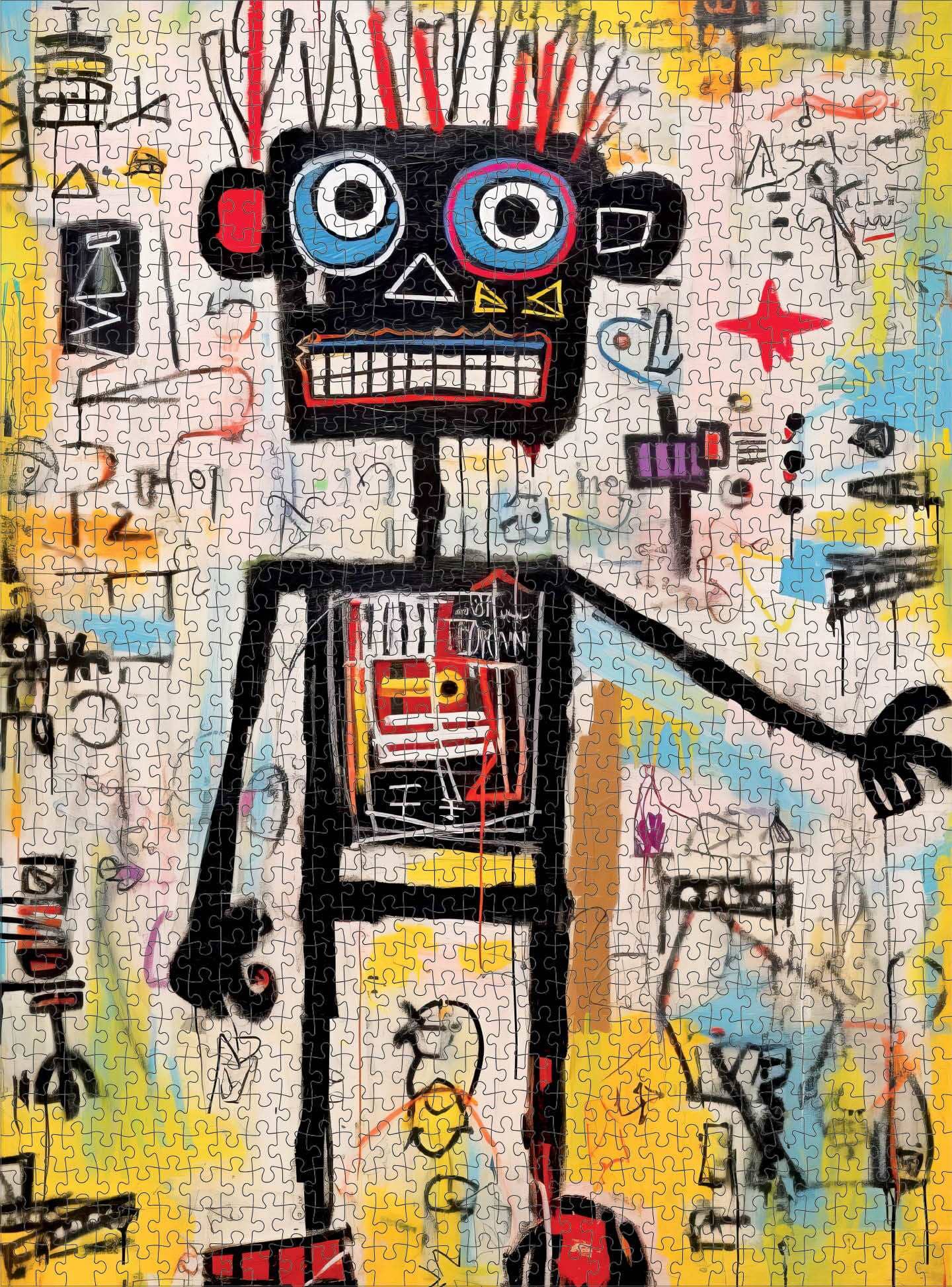 Art Puzzle – Neon Robot Rhapsody – 1000 Piece Jigsaw Puzzle displaying vibrant, abstract robot artwork with bold colors and satin finish, perfect 1000 piece jigsaw puzzles for adults.