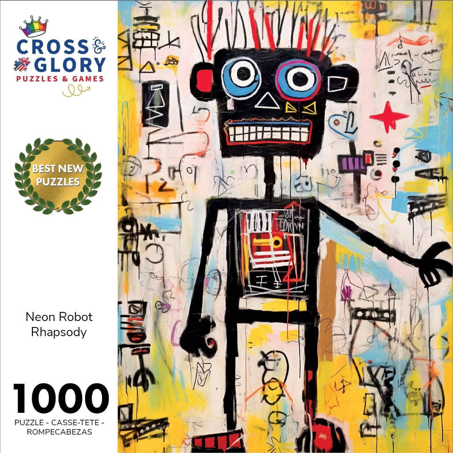 Art Puzzle – Neon Robot Rhapsody – 1000 Piece Jigsaw Puzzle featuring vibrant, abstract neon robot artwork with a satin finish, premium quality, dust free, eco-friendly, 1000 piece jigsaw puzzles for adults.
