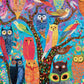 Colorful artistic illustration of various owls and birds perched on a stylized tree, featuring beautiful artwork and a satin finish in the Owl Puzzle – Owl Oasis: The Vibrant Perch – 1000 Piece Jigsaw Puzzle, perfect 1000 piece jigsaw puzzles for adults.