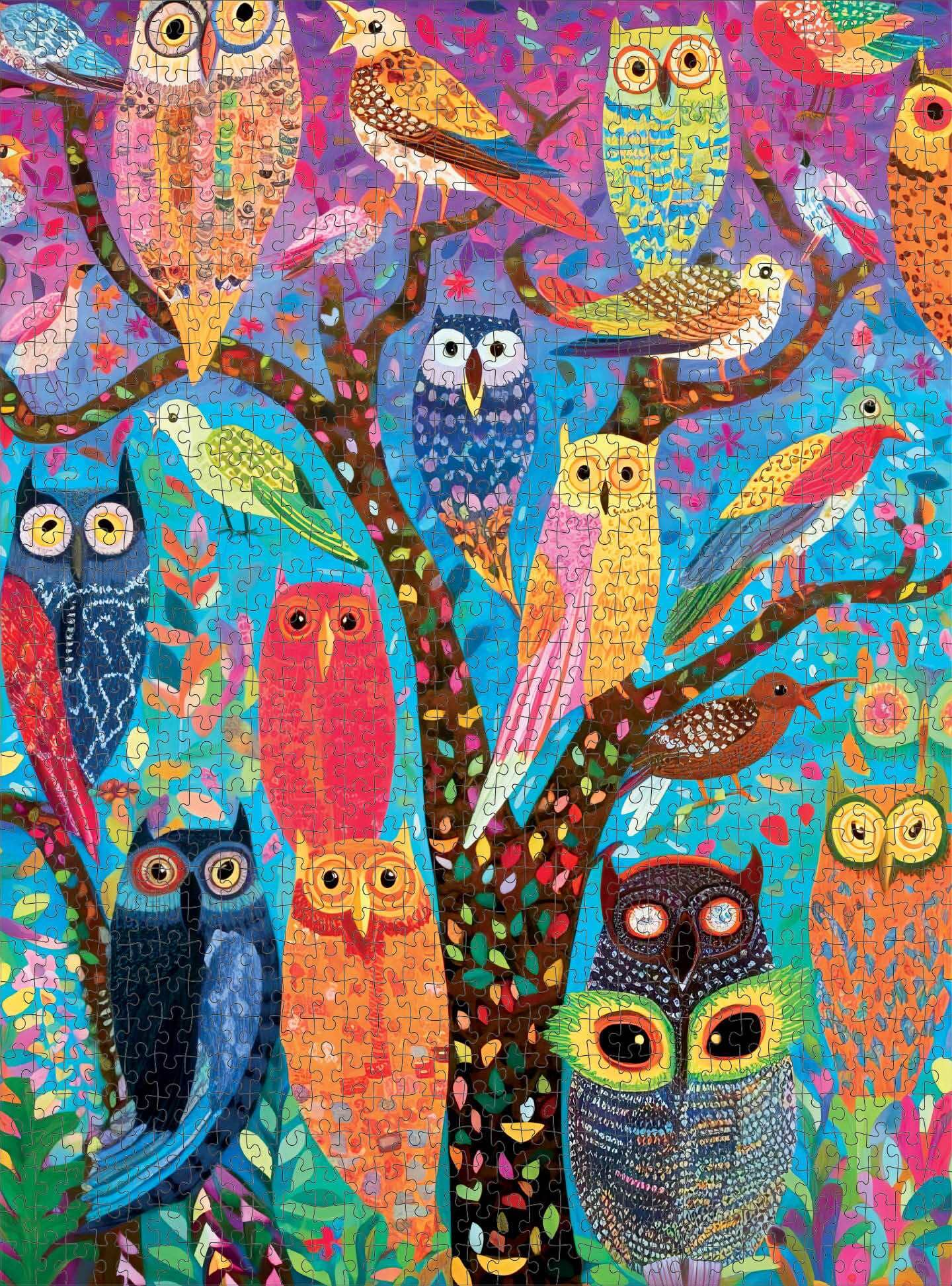 Colorful artistic illustration of various owls and birds perched on a stylized tree, featuring beautiful artwork and a satin finish in the Owl Puzzle – Owl Oasis: The Vibrant Perch – 1000 Piece Jigsaw Puzzle, perfect 1000 piece jigsaw puzzles for adults.
