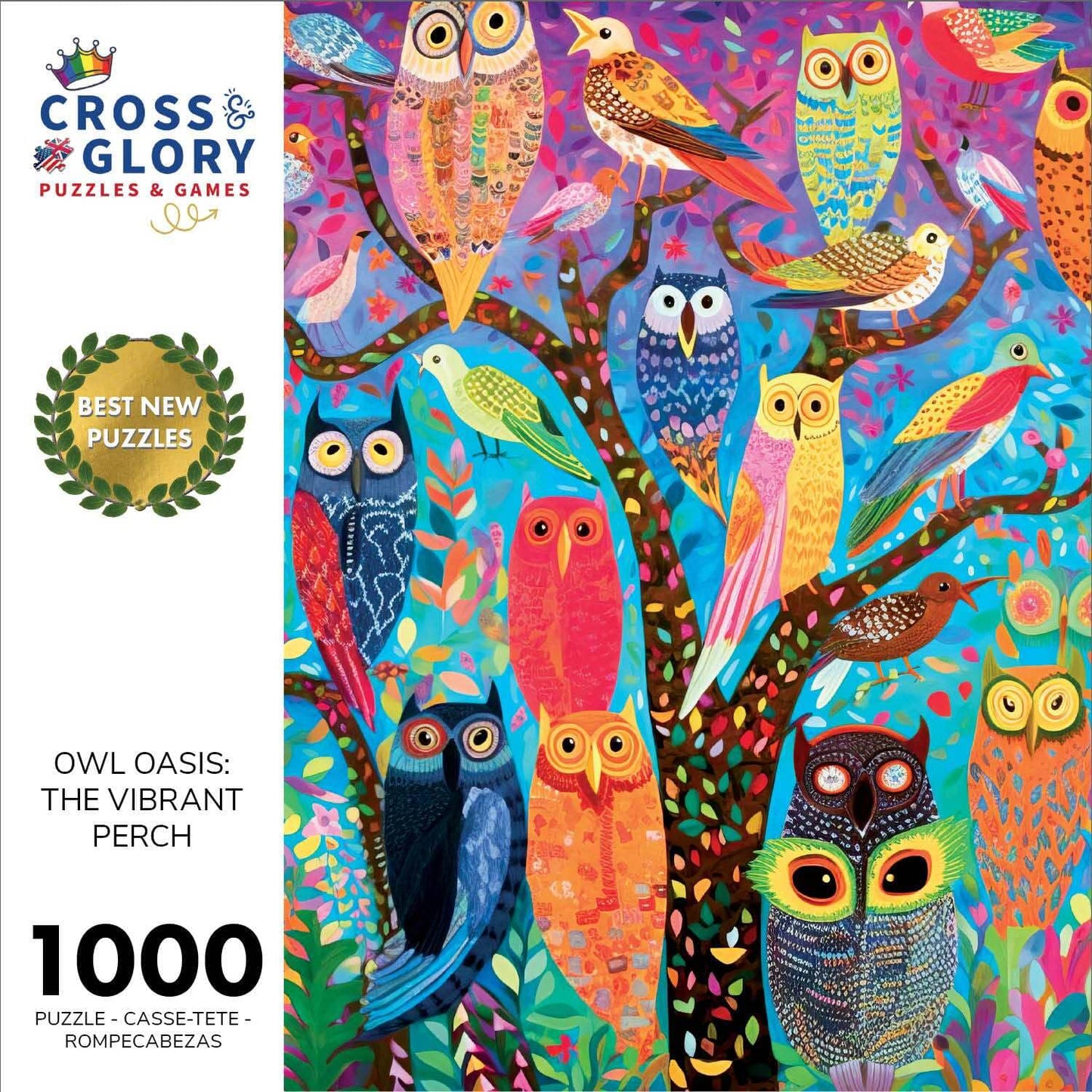 Owl Puzzle – Owl Oasis: The Vibrant Perch – 1000 Piece Jigsaw Puzzle showing colorful, detailed owl artwork on a tree branch with a satin finish, premium quality and dust free, 1000 piece jigsaw puzzles for adults.