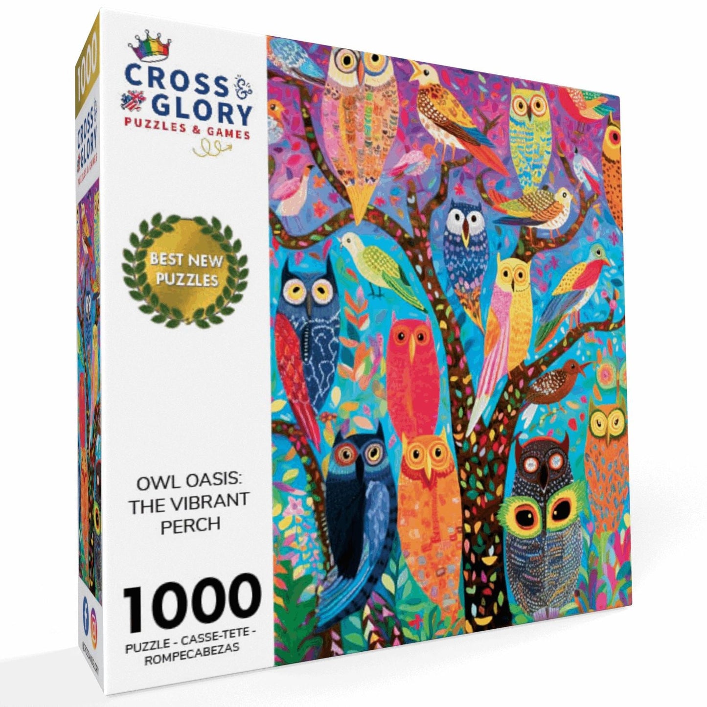 Owl Puzzle – Owl Oasis: The Vibrant Perch – 1000 Piece Jigsaw Puzzle featuring beautiful artwork of colorful owls on a tree, premium quality with satin finish, dust free, eco-friendly, 1000 piece jigsaw puzzles for adults.