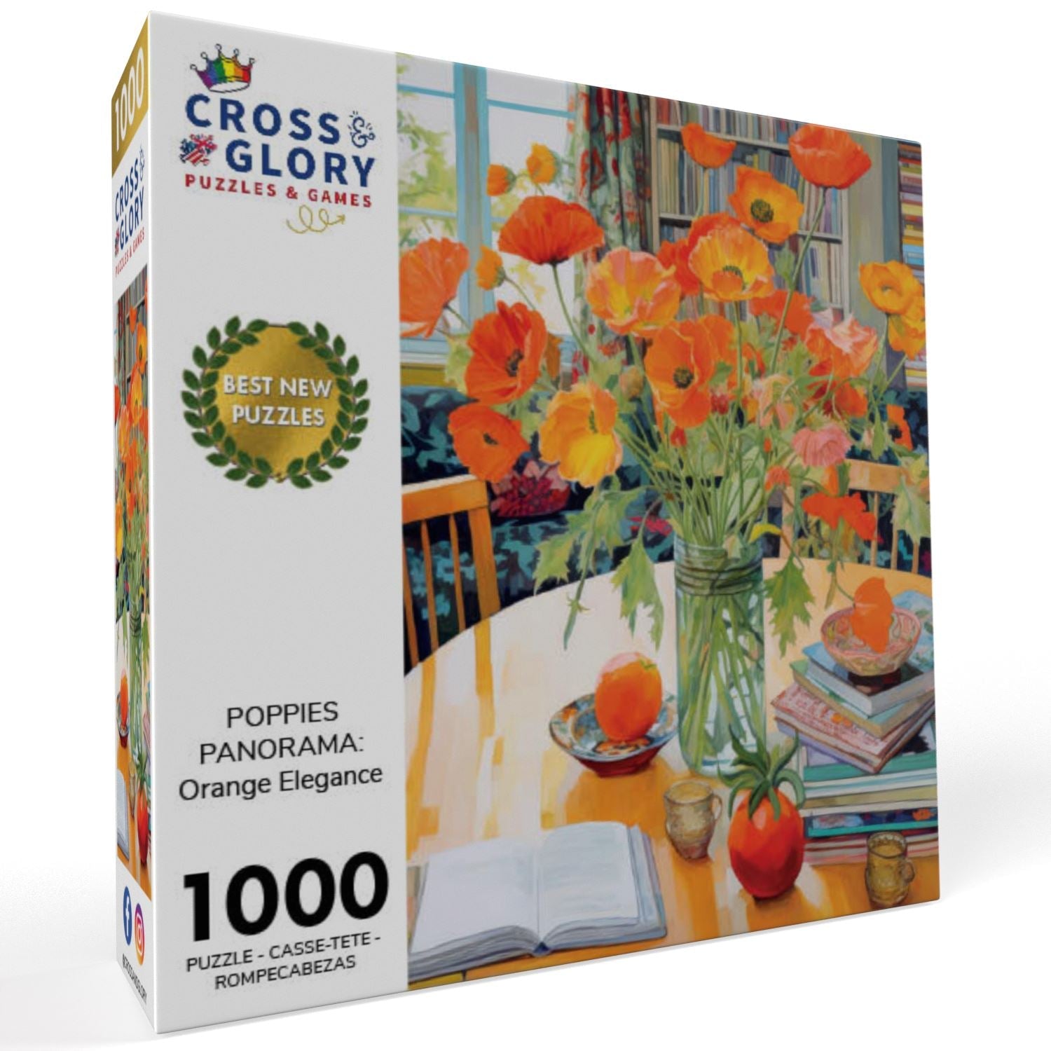 Garden Puzzle – Poppies Panorama: Orange Elegance – 1000 Piece Jigsaw Puzzle featuring beautiful artwork of vibrant orange poppies in a vase on a table, satin finish, premium quality, dust free, eco-friendly, 1000 piece jigsaw puzzles for adults.