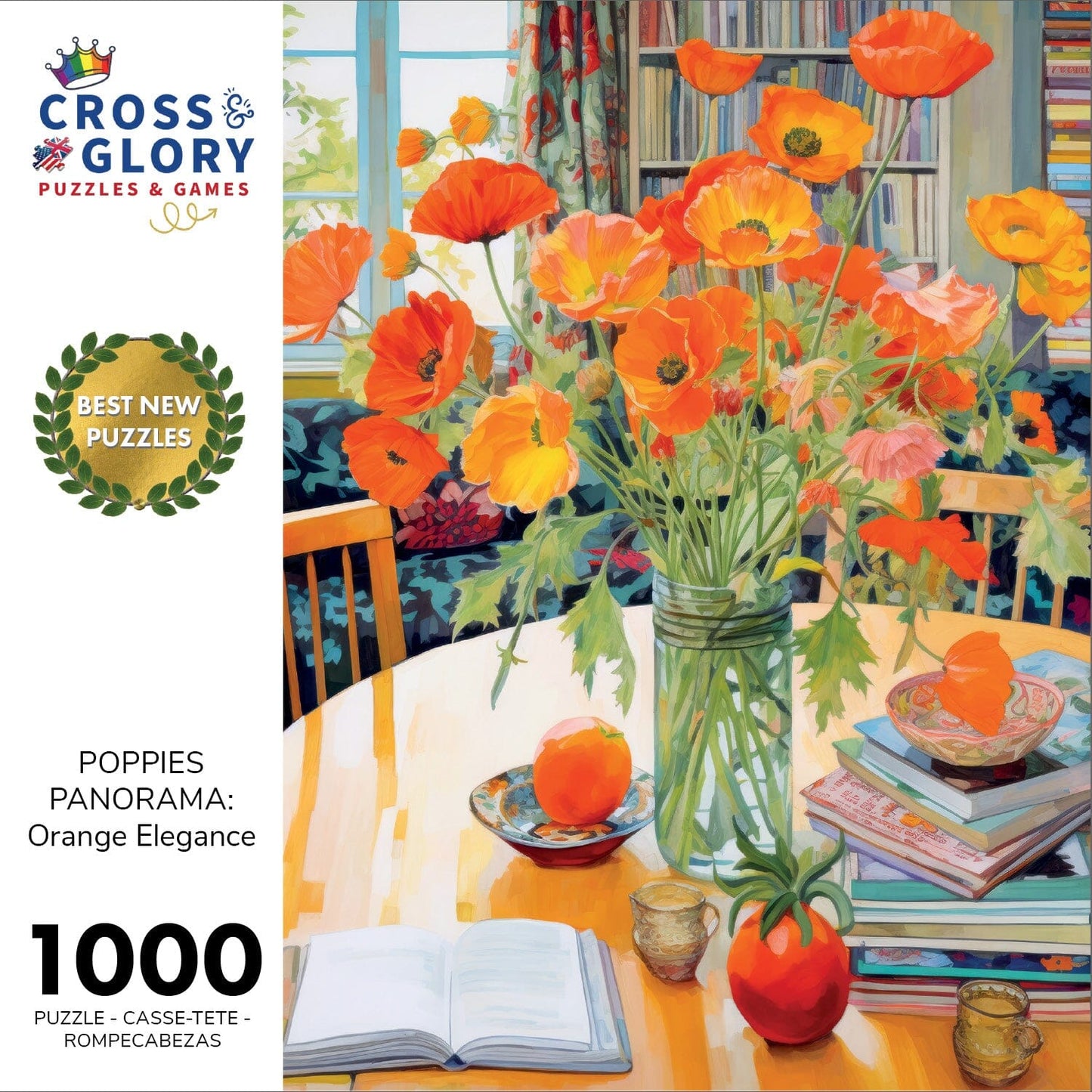 Garden Puzzle – Poppies Panorama: Orange Elegance – 1000 Piece Jigsaw Puzzle featuring beautiful artwork of vibrant orange poppies in a glass vase on a table with books, premium quality, satin finish, dust free, eco-friendly 1000 piece jigsaw puzzles for adults.