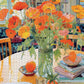 Garden Puzzle – Poppies Panorama: Orange Elegance – 1000 Piece Jigsaw Puzzle featuring vibrant orange poppies in a glass vase on a white table with books and fruit, beautiful artwork, satin finish, no glare, premium quality, dust free, eco-friendly, 1000 piece jigsaw puzzles for adults.