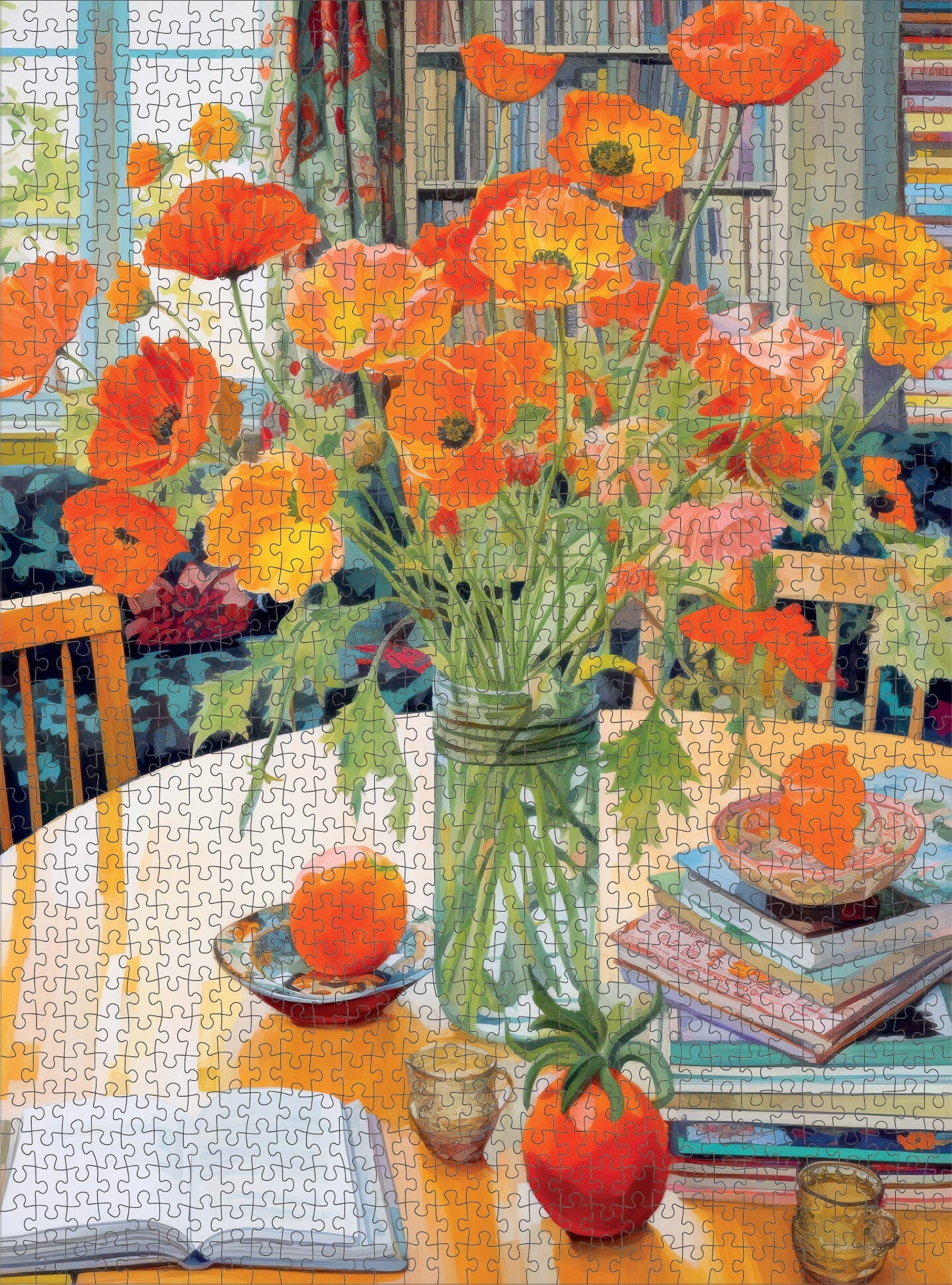 Garden Puzzle – Poppies Panorama: Orange Elegance – 1000 Piece Jigsaw Puzzle featuring vibrant orange poppies in a glass vase on a white table with books and fruit, beautiful artwork, satin finish, no glare, premium quality, dust free, eco-friendly, 1000 piece jigsaw puzzles for adults.
