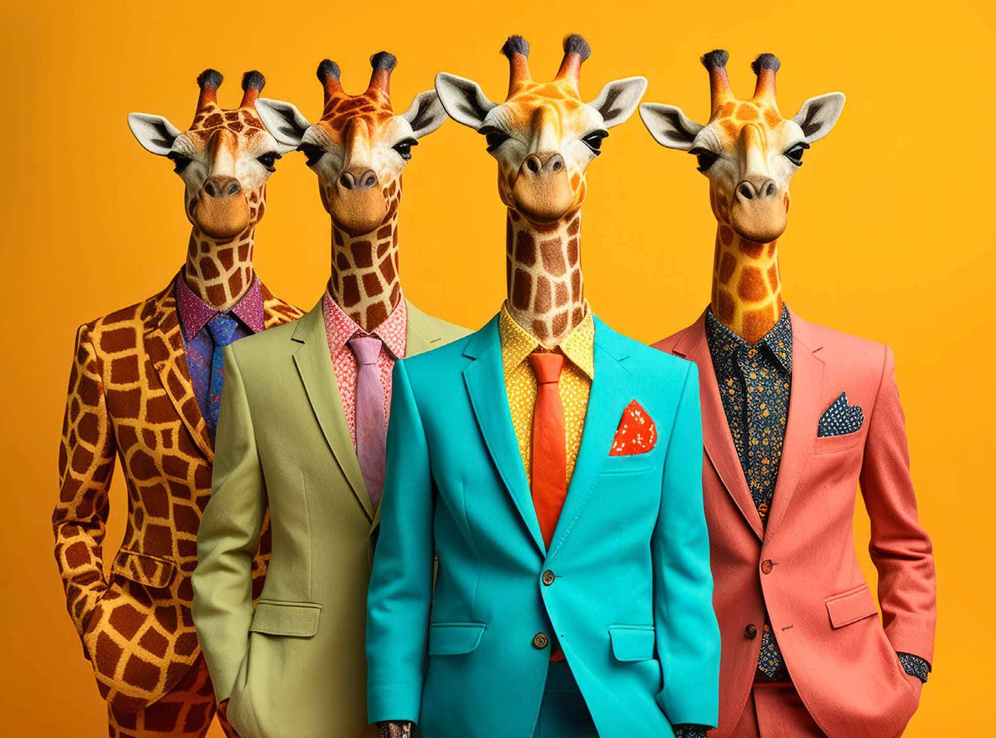 Art Puzzle – The Fab Four Giraffes – 1000 Piece Jigsaw Puzzle featuring stylish giraffes in colorful suits against an orange background, beautiful artwork, satin finish, premium quality, dust free, eco-friendly, 1000 piece jigsaw puzzles for adults.