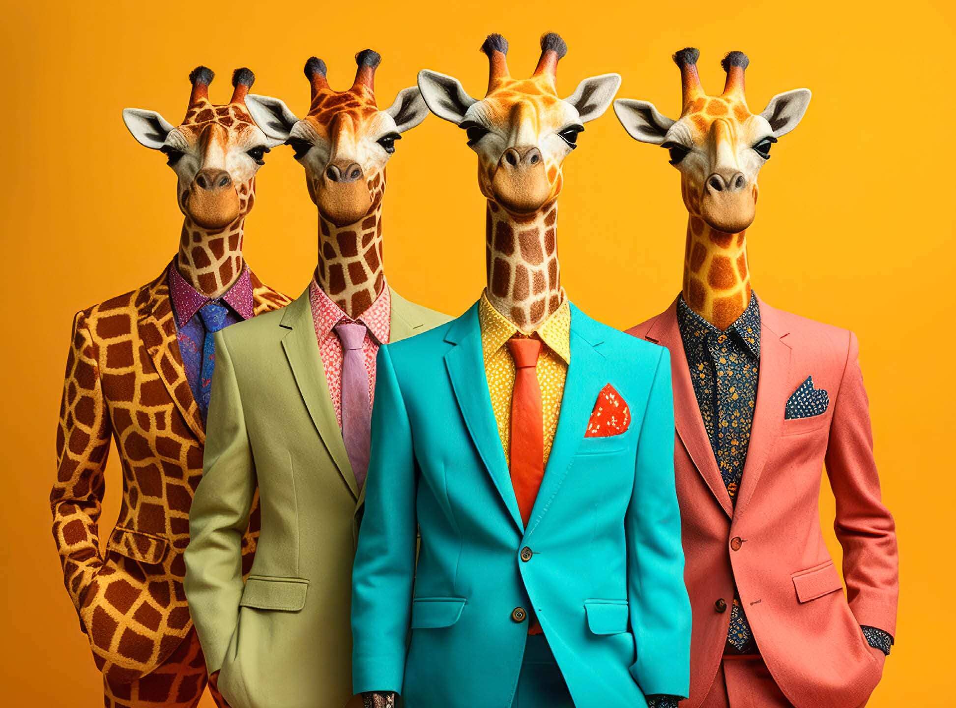 Art Puzzle – The Fab Four Giraffes – 1000 Piece Jigsaw Puzzle featuring stylish giraffes in colorful suits against an orange background, beautiful artwork, satin finish, premium quality, dust free, eco-friendly, 1000 piece jigsaw puzzles for adults.