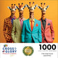 Art Puzzle – The Fab Four Giraffes – 1000 Piece Jigsaw Puzzle featuring four giraffes dressed in colorful suits against an orange background, beautiful artwork, satin finish, premium quality, dust free, eco-friendly, 1000 piece jigsaw puzzles for adults.