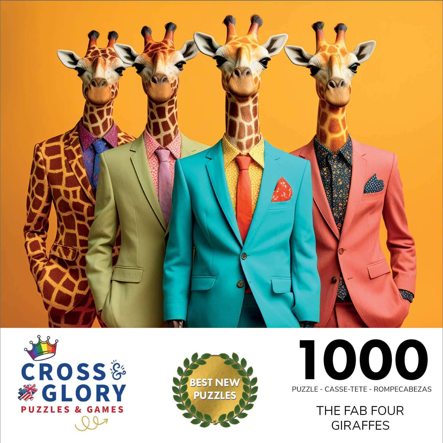 Art Puzzle – The Fab Four Giraffes – 1000 Piece Jigsaw Puzzle featuring four giraffes dressed in colorful suits against an orange background, beautiful artwork, satin finish, premium quality, dust free, eco-friendly, 1000 piece jigsaw puzzles for adults.