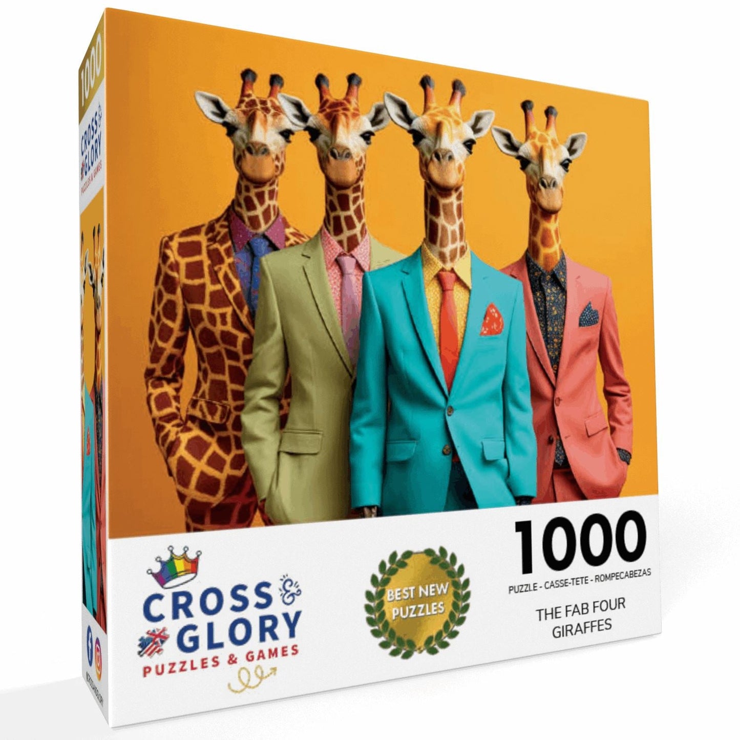 Art Puzzle – The Fab Four Giraffes – 1000 Piece Jigsaw Puzzle featuring beautiful artwork of four giraffes in colorful suits, satin finish, premium quality, eco-friendly, dust free, 1000 piece jigsaw puzzles for adults.