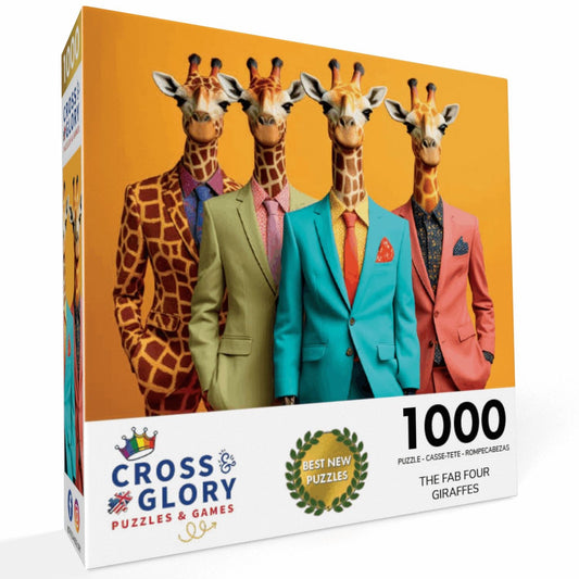 Art Puzzle – The Fab Four Giraffes – 1000 Piece Jigsaw Puzzle featuring beautiful artwork of four giraffes in colorful suits, satin finish, premium quality, eco-friendly, dust free, 1000 piece jigsaw puzzles for adults.