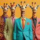 Art Puzzle – The Fab Four Giraffes – 1000 Piece Jigsaw Puzzle featuring four giraffes dressed in colorful suits against an orange background, premium quality, dust free, eco-friendly, 1000 piece jigsaw puzzles for adults.