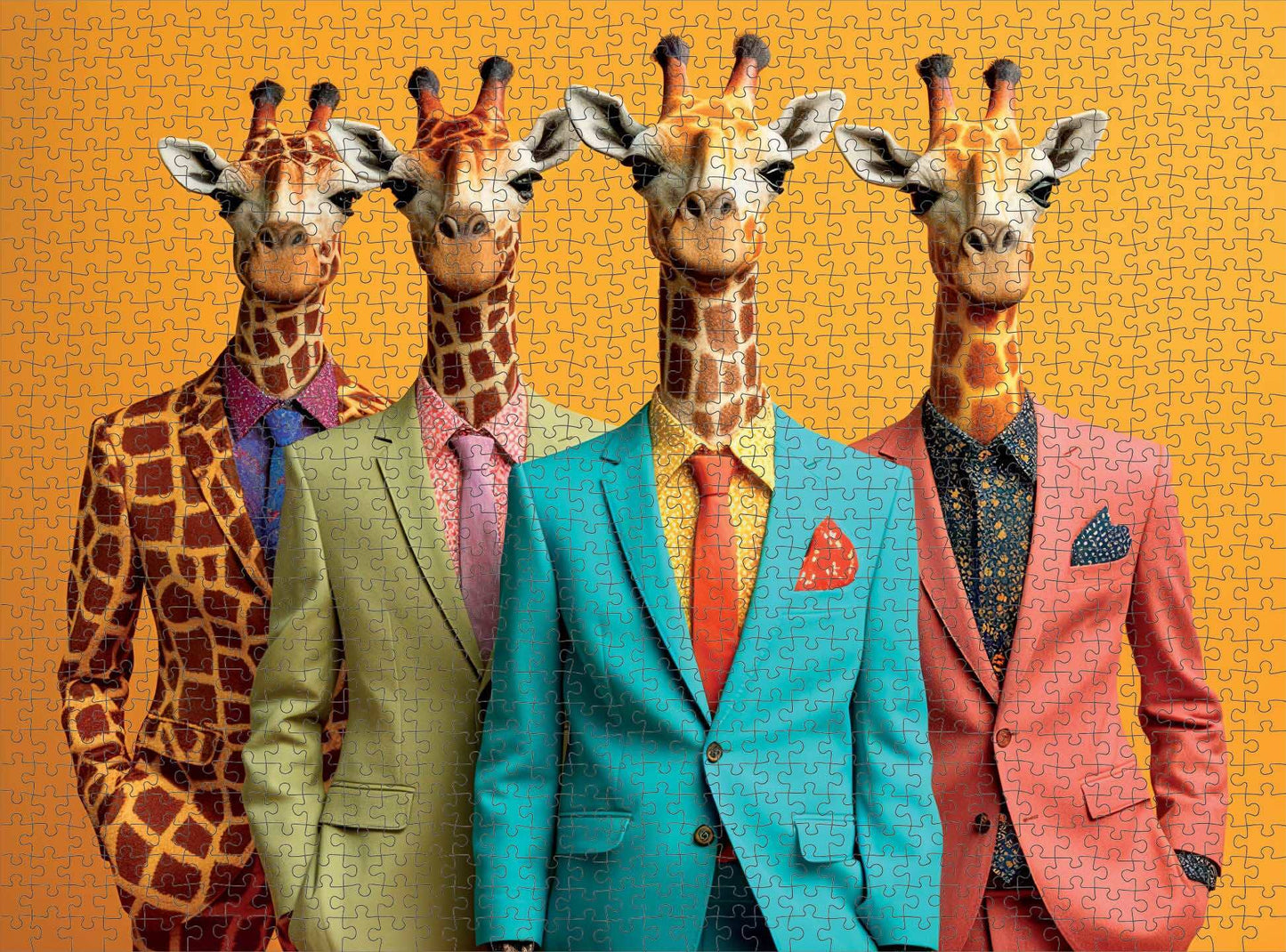 Art Puzzle – The Fab Four Giraffes – 1000 Piece Jigsaw Puzzle featuring four giraffes dressed in colorful suits against an orange background, premium quality, dust free, eco-friendly, 1000 piece jigsaw puzzles for adults.