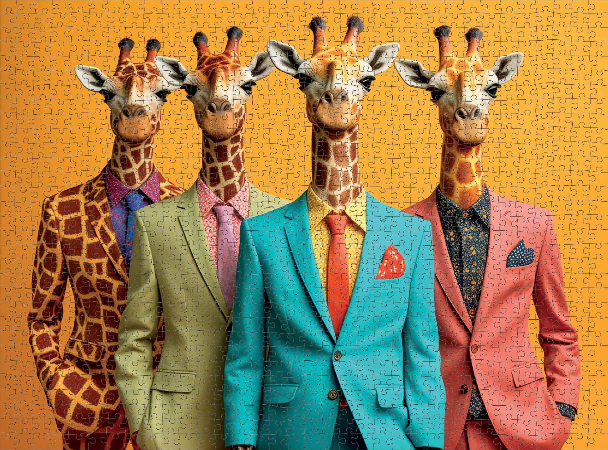 Art Puzzle – The Fab Four Giraffes – 1000 Piece Jigsaw Puzzle featuring four giraffes dressed in colorful suits against an orange background, premium quality, dust free, eco-friendly, 1000 piece jigsaw puzzles for adults.